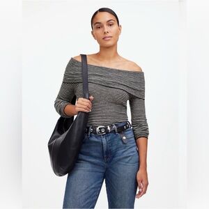 Madewell Black and White Striped Off the Shoulder Knit Top Size Large